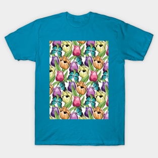 Tulips And Butterflies Pattern T-Shirt